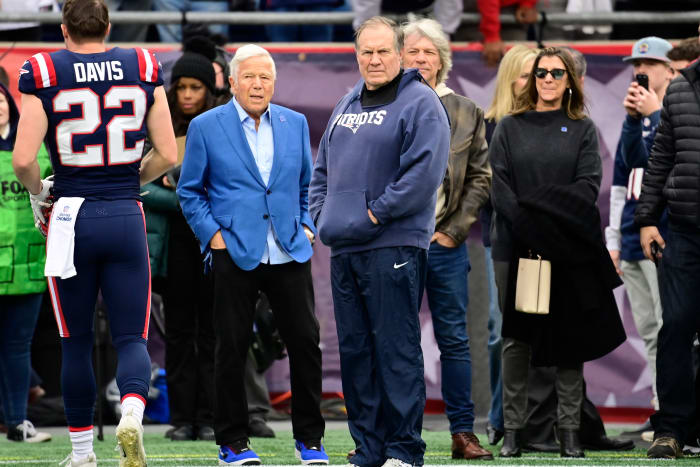Dec 17, 2023; Foxborough, Massachusetts, USA; New England Patriots head coach Bill Belichick and Patriots owner Robert Kraft watch the field during the warm-up period before a game against the Kansas City Chiefs at Gillette Stadium.